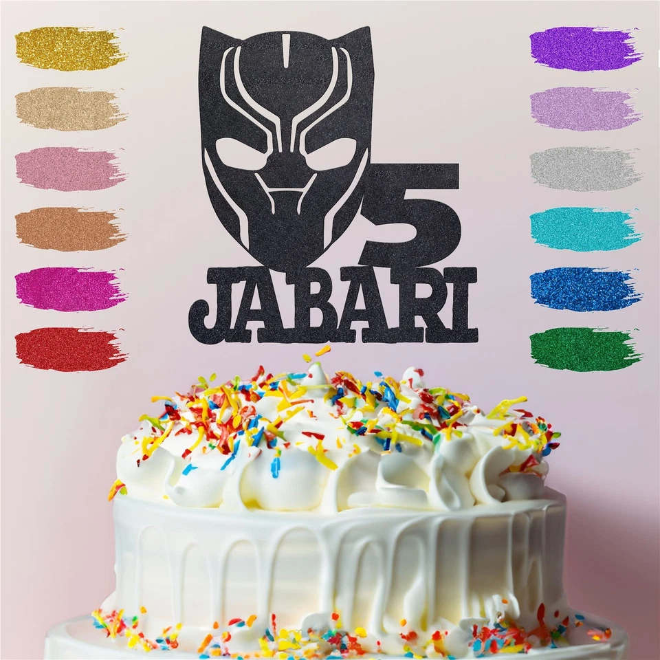 Black Panther Wakanda Mask Cake Topper Personalised Glitter Party Birthday Age - image 1 of 1