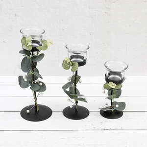 Set 3 Black Metal Glass Tea Light Candle Stick Holders Eucalyptus Table Decor - Picture 1 of 1
