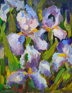 Iris Blumen Gemälde Original Kunstwerk Gouache Iris Floral Impressionismus Kunst - Bild 1 von 9