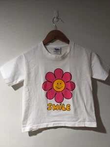 Vintage 90s Smile Flower Daisy Kids Small White T-Shirt - Picture 1 of 6