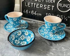 Blue Daisy Coffee Gift Set, Turkish Ceramic Cup & Saucer with Small Delight Bowl - Picture 1 of 16