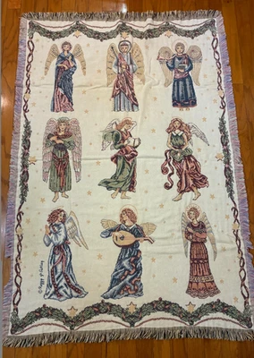 Vintage NINE ANGELS TAPESTRY BLANKET Throw Muses MUSIC Goodwin Fringe Medieval - Image 1 of 4