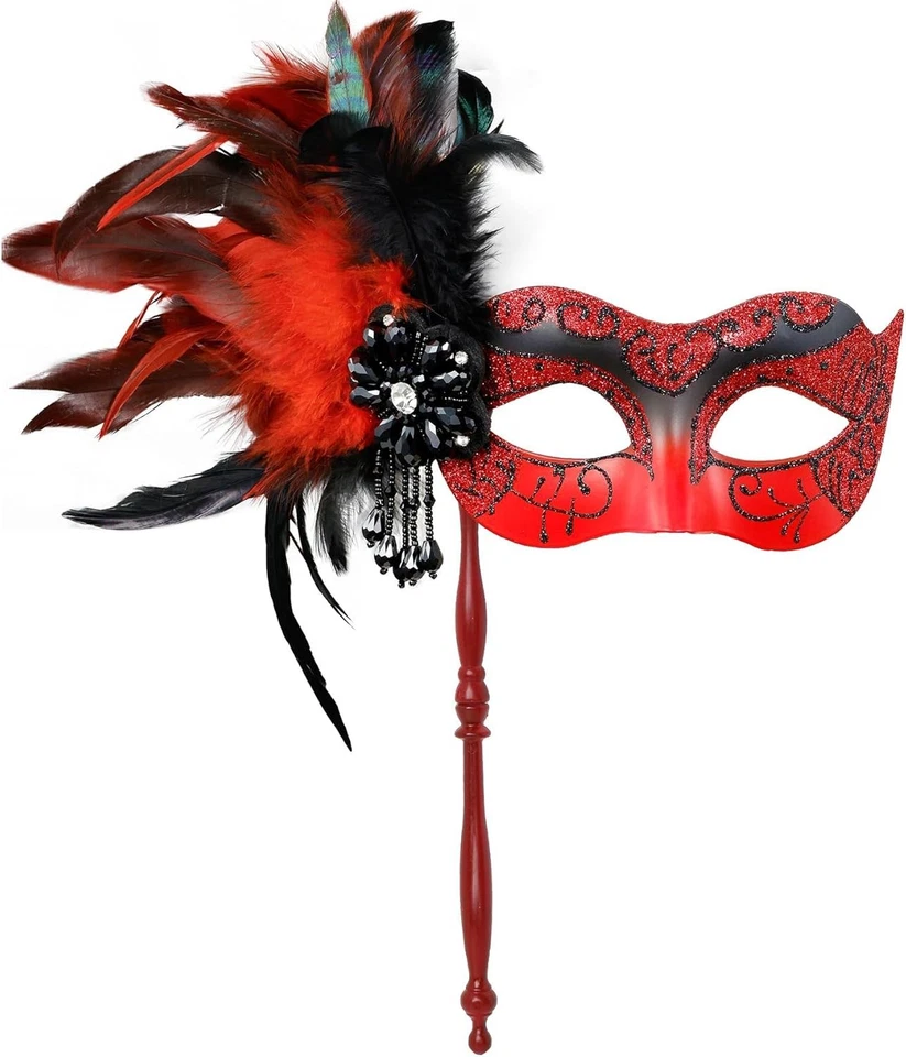 MYSEUNI 2024 Neue Maskerade Maske für Frauen mit Stab - Glänzende Damen Feder - Bild 1 von 4