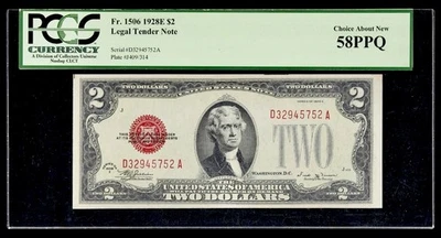 1928 E $2 Dollar Legal Tender PCGS 58 PPQ About Uncirculated Serial # D32945752A - Image 1 of 2