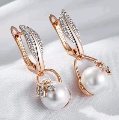 Damen Elegante Ohrringe Ohrhänger 585er Rolled Roségold Walzgold Kunstperlen CZ - Bild 1 von 4