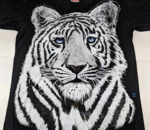 Vintage White Tiger T-Shirt Size Medium Cotton Vtg Tee Black Animal Print - Picture 1 of 9