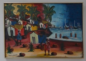 NICOLAS JOSEPH Primitive HAITIAN Art Village Fantastic NAIVE OIL PAINTING Canvas - Picture 1 of 3