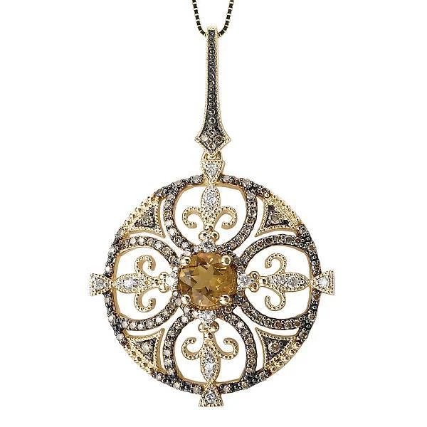 NUEVO COLLAR COLGANTE DE CUARZO CÍRCULO FLOR DE LIS Y DIAMANTE BLANCO COÑAC ORO 14k  Foto 1 de 1