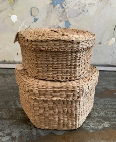 Set 2 Vintage Hand Woven Basket Sweet Grass w/Lids Trinket Storage OCTAGON NOS Cover