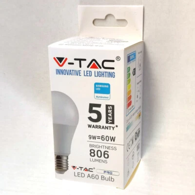 LAMPADINA LED V-Tac Chip Samsung E27 9W A60 3000K VT-210 228 Bianco Caldo 10pz - Immagine 1 di 4