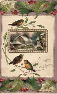 Davidson Bros Serie 3016 Three Birds Surround Scenic Inset Christmas Postcard - Bild 1 von 1