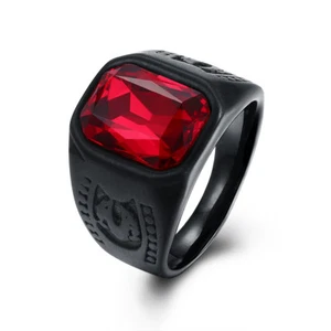 Stainless Steel Black Gun Ring Mens Red Black Stone B550 - Picture 1 of 7