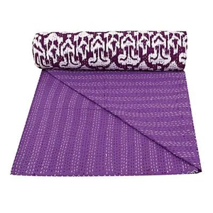 Cotton Bedspread King Size Kantha Quilt Purple Ikat Print Throw Handmade Blanket - Picture 1 of 10