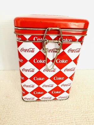 Coca Cola Diamond Logo Red & White Square Metal Lock  Top Tin READ DESCRIPTION - Image 1 of 4