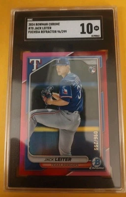 2024 Bowman Chrome Jack Leiter Rangers #70 Fuchsia Refractor 096 /299 SGC 10 GEM - Image 1 of 3