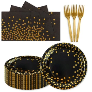 150PCS Paper Plates and Napkins Set - Black and Gold Dot Disposable Party Din... - Picture 1 of 7