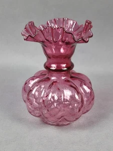 Vintage Fenton Cranberry Glas Diamant Optik 8" Melone Vase Double Crimp Top Fehler - Bild 1 von 16