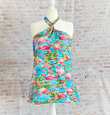 Womens OOAK Tropical Flamingo Halter Wrap Mini Dress Size Medium - Image 1 of 4