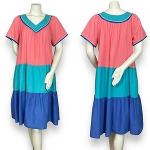Vintage Muumuu Dress Stripes Color Block Short Sleeves Casual Beachy Relaxed Fit - Picture 1 of 16