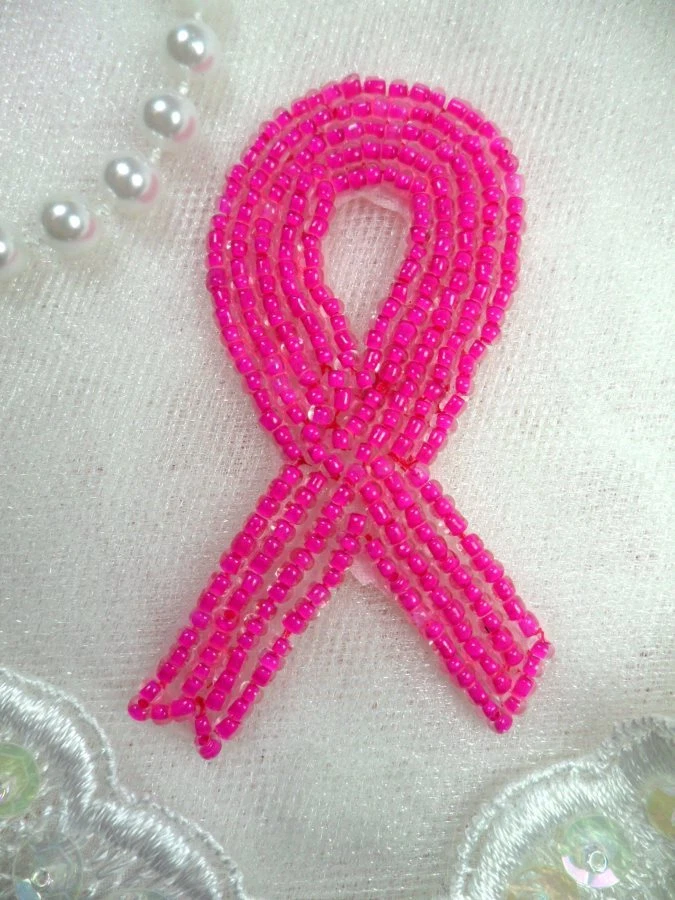Breast Cancer Awareness Ribbon Pink Beaded Applique Iron On (XR358-pk) - Image 1 of 1
