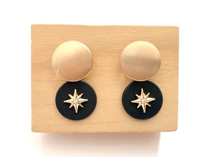 Ohrringe Golden Und Schwarz Rund Mit Einer Sterne Medium Neu Frau Mode - Bild 1 von 3