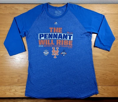 New York Mets T-Shirt Womens Large Blue 1/2 Sleeve 2015 NLChamps Distressed Logo - Image 1 of 2