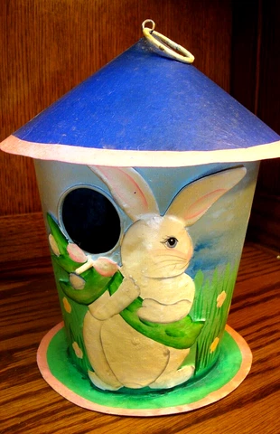 Vintage Metal Tin Bird House Round~Hand Painted w/Bunny Rabbit~Spring Theme 672 Cover