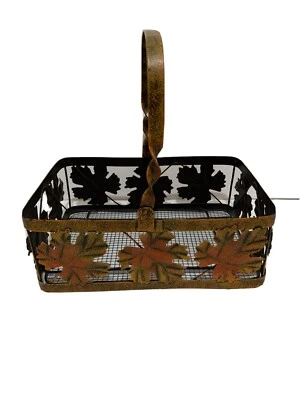 Metal Basket Painted Autumn Leaves Wire 11.5”X 7.5”X 4” Decorative Basket - Image 1 of 4
