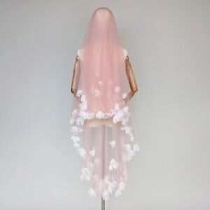 Blusher Wedding Veil pink With flowers edge fingertip length