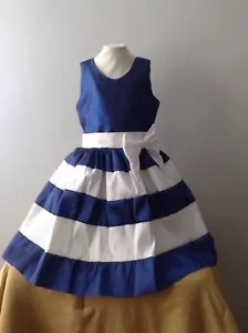 Blau weiß Mädchen Kleid Größe 4 Taft Urlaub Geburtstag Festzug Handarbeit Stirnband - Bild 1 von 12