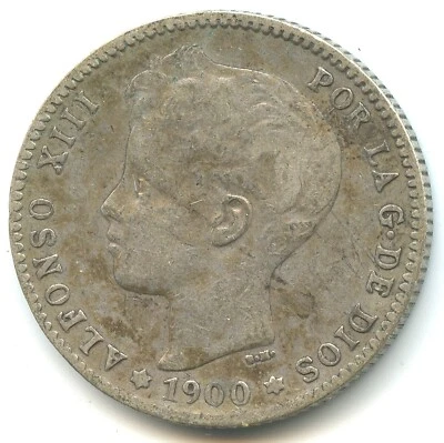 Spagna 1 peseta argento Alfonso XIII 1900 n°774 - Immagine 1 di 2