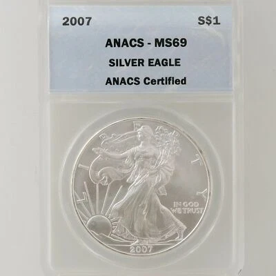 2007 ANACS MS69 American Silver Eagle ASE $1 Fine Silver 999 Graded Slabbed Coin - Image 1 of 2