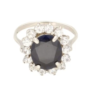 Sterling Silver Sapphire & Simulated Diamond Cluster Ring (Size T) 16x17mm - Picture 1 of 3