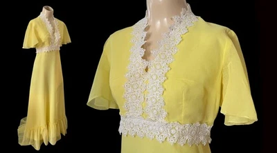 VESTIDO DE GASA AMARILLO VINTAGE AÑOS 70 ANCHO SIRENA VOLANTES Foto 1 de 4