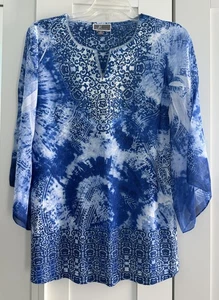 JM Collection Woman Blue White Embellished Neck Tunic Top Blouse M - Picture 1 of 5