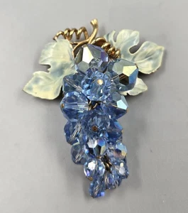 **Vtg Cascading AB Blue Crystal Grape Vine Goldtone Enamel Brooch Pin** - Picture 1 of 4