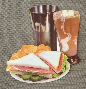 Vintage 50er Eisdiele Litho Druck Pappschild Milchshake Sandwich - Bild 1 von 2