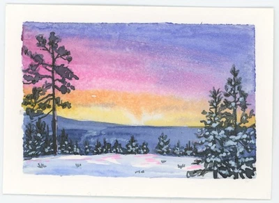 Pintura Snowy Valley Sunset, ACEO Original (NO ES UNA IMPRESIÓN), 2,5x3,5, Firmada Foto 1 de 3