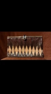 Vintage 1980's Jane Shilton Brown & Beige Snakeskin Leather Handbag Clutch Purse - Picture 1 of 7
