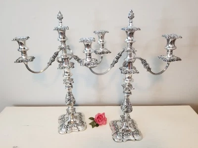 Gorgeous Antique Ornate Silver Plate 3 Light Candelabras Barker Ellis England - Image 1 of 4