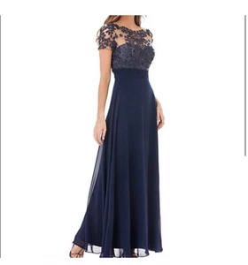 NWT JS Collections Navy, Illusion, Lace Embroidered Trim Long Dress Gown, sz 10 - Picture 1 of 15