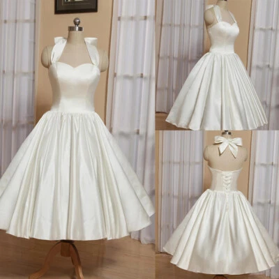 Short Ivory Wedding Dresses Satin Halter Neck with Bow Tea Length Bridal Dresses - Image 1 of 4
