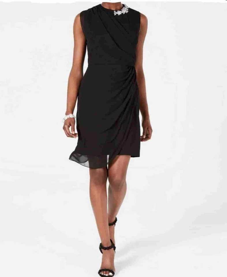 MSK Draped Solid Black Rhinestone Trim Women's Cocktail Party Dress Size 6