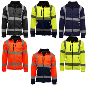 Mens Long Sleeve Hi Vis Fleece Jacket High Vis Full Zip Work Wear Pocket Coat - Picture 1 of 7