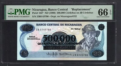 Nicaragua 500000 Cordobas on 20  ND(1990) P163* "Replacement" UNC Grade 66 - Image 1 of 2