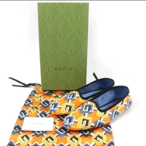 GUCCI Geometric G Print Orange multi Satin Room Shoes with bag Size 37 Rare New - Picture 1 of 9