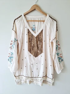LULA SOUL Embroidered & Sequinned Cotton Blouse Tunic Top SIZE SMALL - Picture 1 of 9