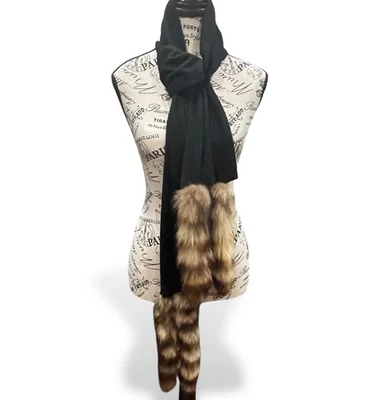 WOOL & RACOON Tail Scarf Shawl Stole Wrap Black Brown Tan 1940s Uptown Drama EUC - Image 1 of 4