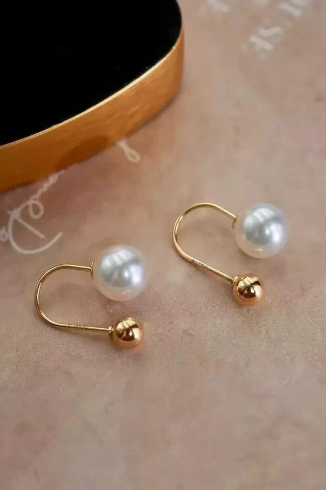 элегантный 7-8 мм Южное море круглый белый жемчуг серьги-гвоздики 18k роскошный подарок - Изображение 1 из 3