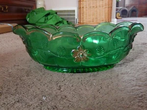 EAPG US Glass Paneled Dogwood Emerald Oval Master Berry Bowl Gold Rim c 1915 - Picture 1 of 15